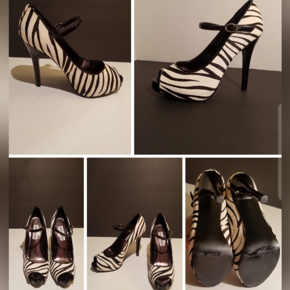 Steve Madden zebra print peep toe heels.